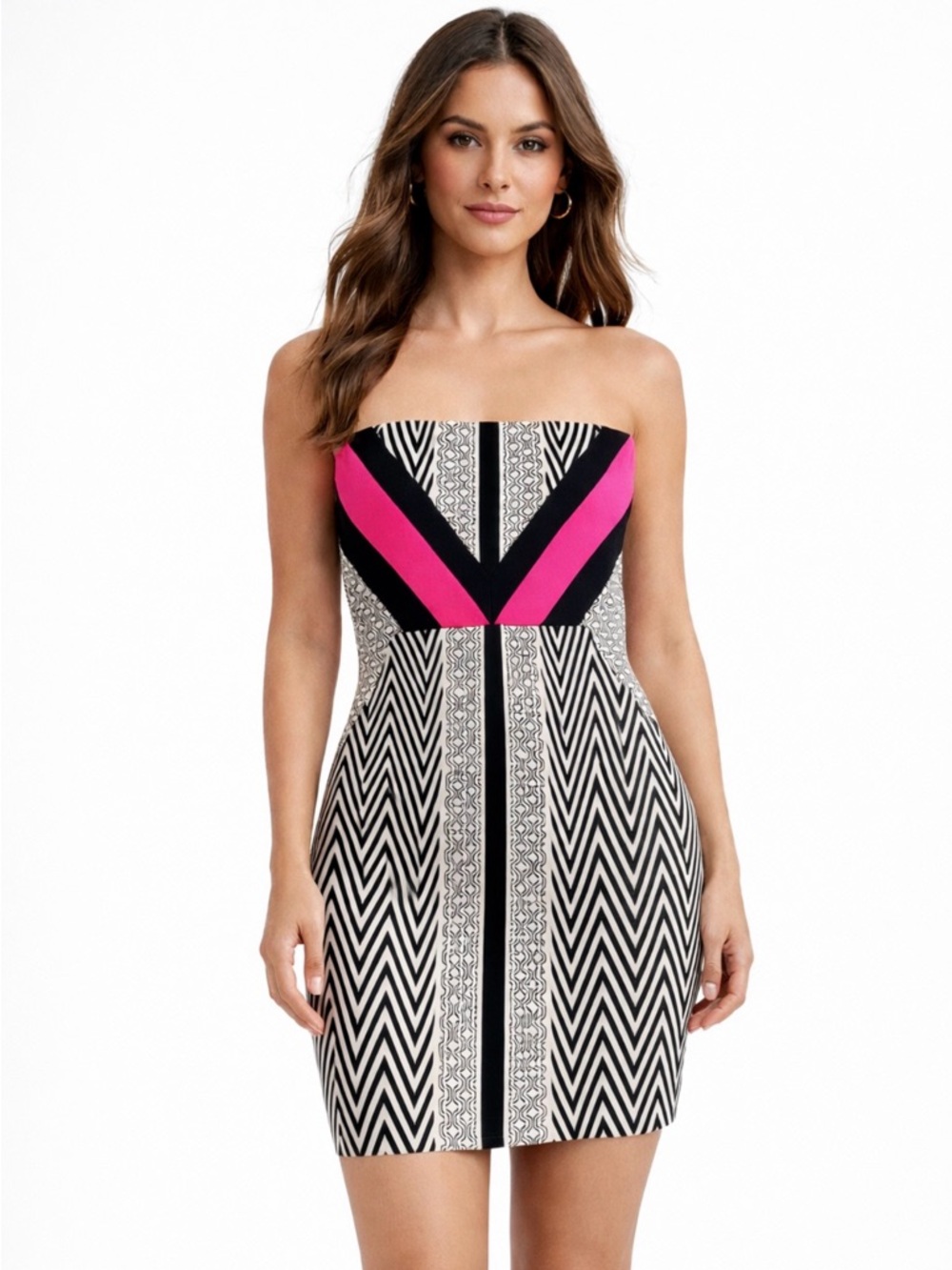 Express Black, White and Hot Pink Strapless Chevron Dress NWT Size 6